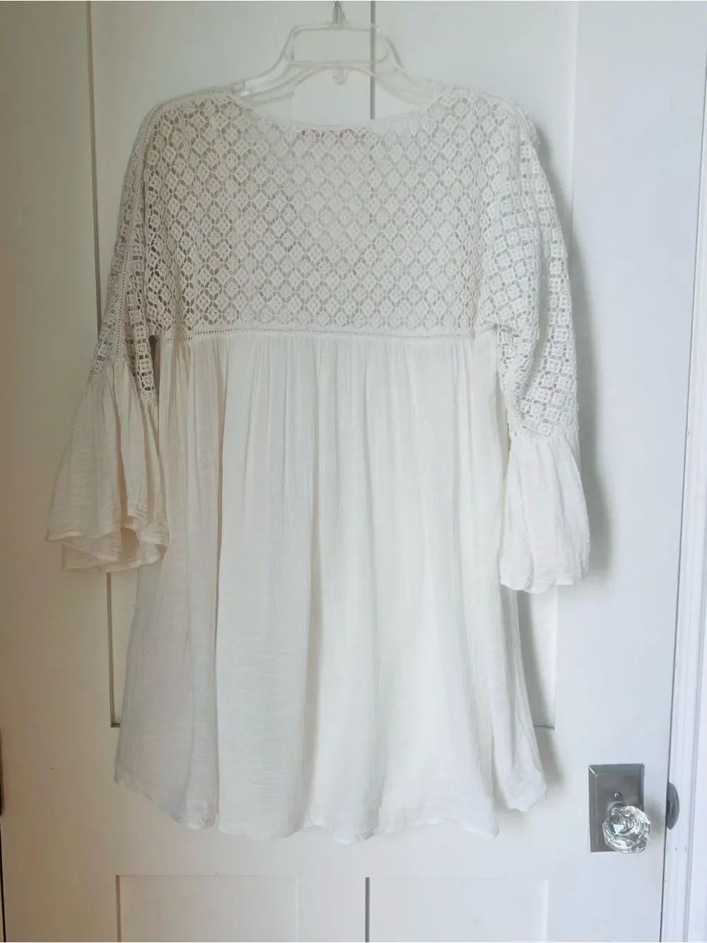 Zara 100% Cotton Cream Crochet BohoTunic Flowy Bell Sleeve Cottagecore Blouse XS - Picture 11 of 13